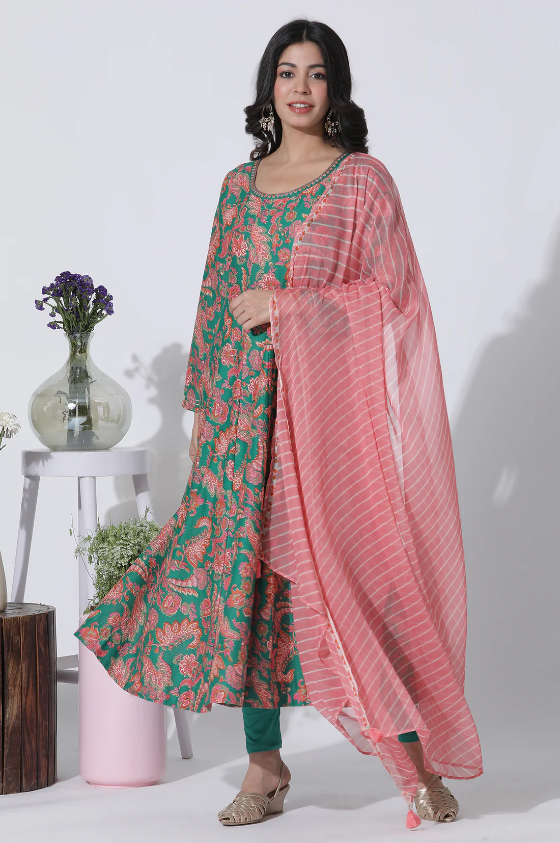 Green Floral Printed Anarkali Kurta